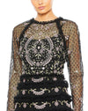 mac duggal, MESH POLKA DOT LONG SLEEVE FLORAL RUFFLE TIRED GOWN, Style #8030 black close up