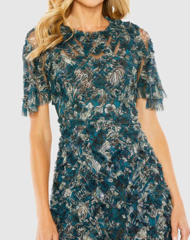 Flutter sleeve ruffle detail floral dress - Teal