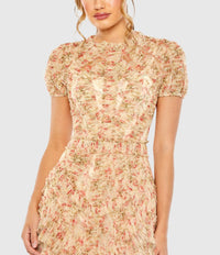 Floral Print Ruffle Dress - Beige