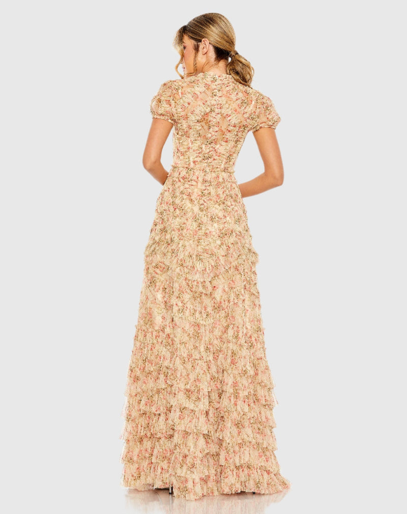 Floral Print Ruffle Dress - Beige