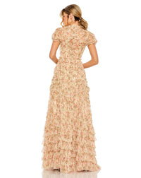 mac duggal, HIGH NECK FLORAL MESH RUFFLE DRESS, Style #8045, modest dress back view