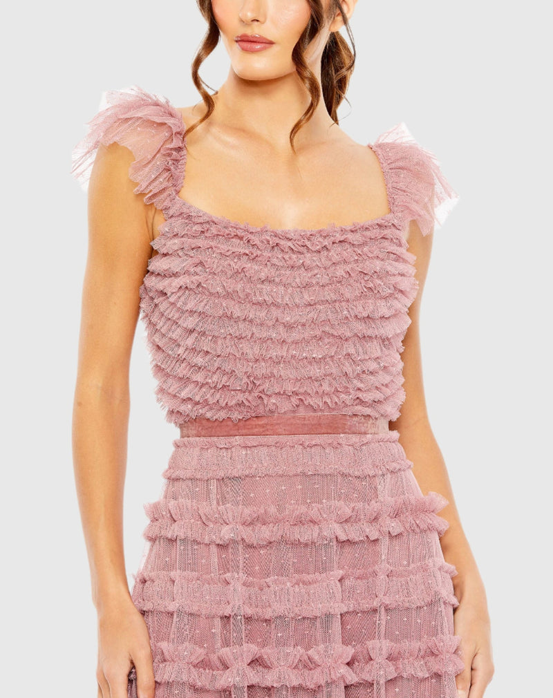 Ruffle Cap Sleeve Tiered Ruffle Gown - Antique Rose