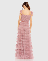 Ruffle Cap Sleeve Tiered Ruffle Gown - Antique Rose