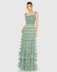 Mac Duggal, Ruffle Cap Sleeve Tiered Ruffle Gown Jade Green #8052