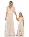 mommy and me dresses for special occasions, mac duggal Mini Floral V Neck Ruffle Empire Waist Gown - Blush