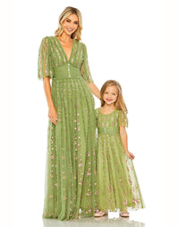 Mini Floral V Neck Ruffle Empire Waist Gown - Moss Green