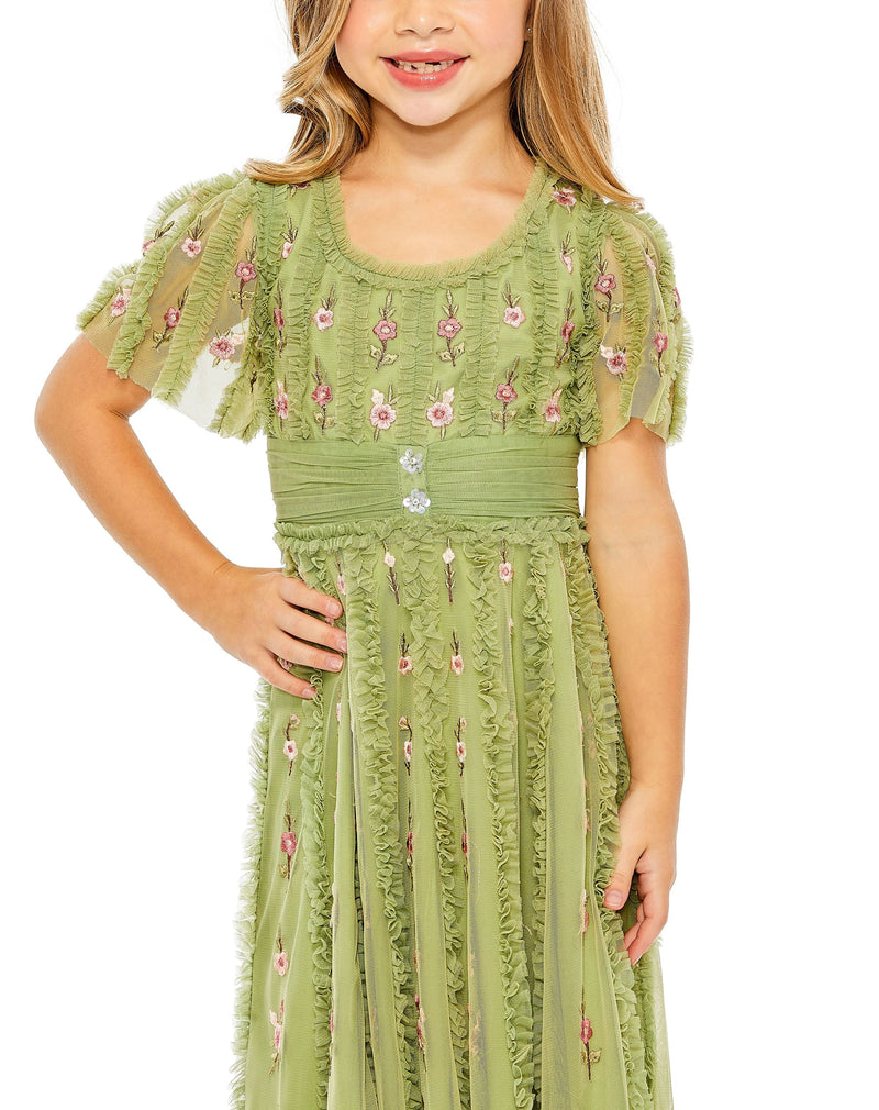 mommy and me dresses for special occasions, mac duggal Mini Floral V Neck Ruffle Empire Waist Gown - moss green