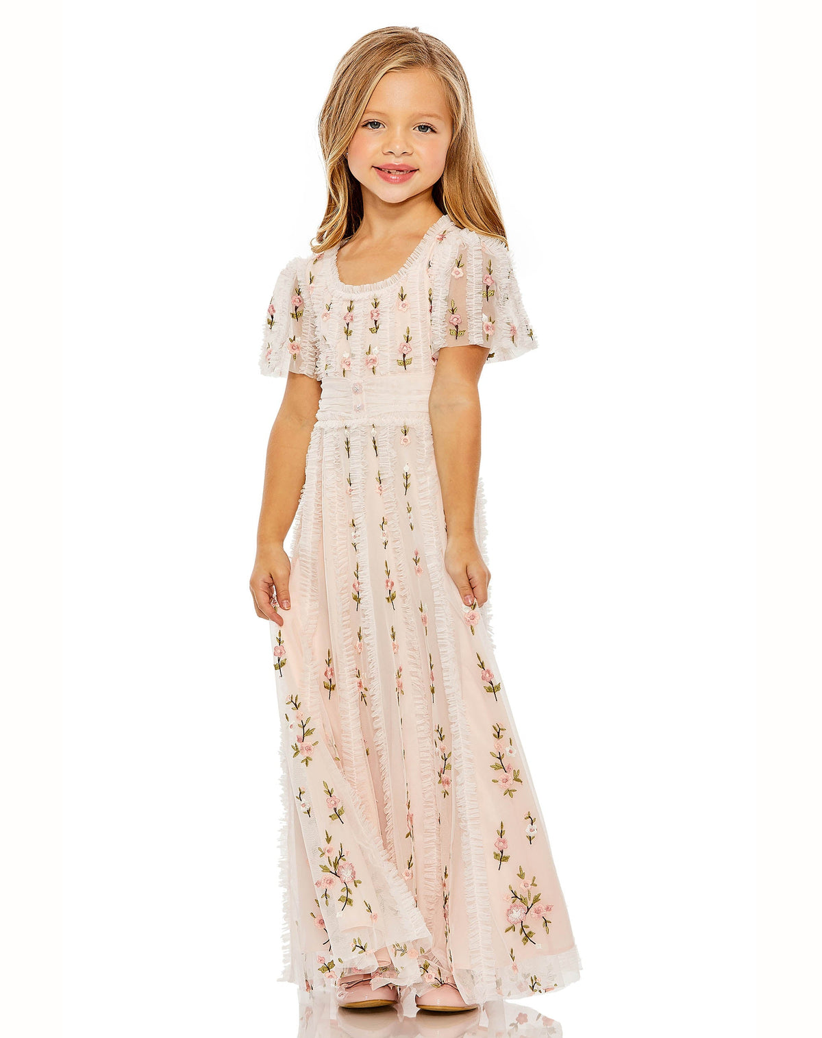 mommy and me dresses for special occasions, mac duggal Mini Floral V Neck Ruffle Empire Waist Gown - Blush