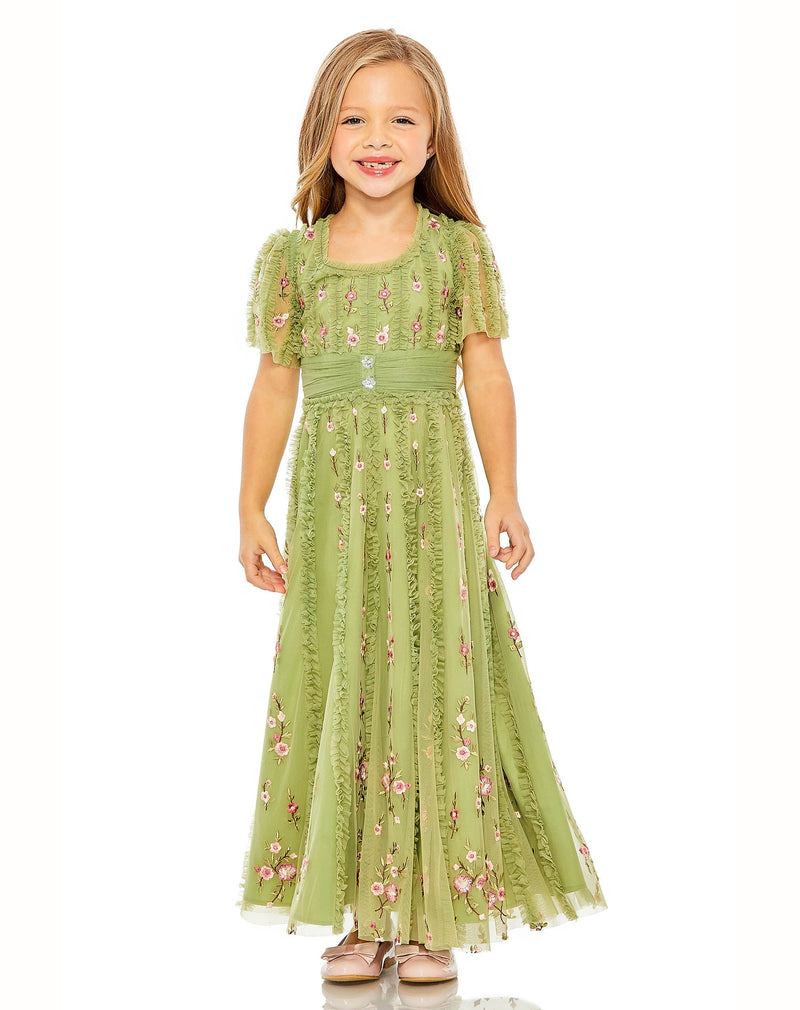 mommy and me dresses for special occasions, mac duggal Mini Floral V Neck Ruffle Empire Waist Gown - moss green