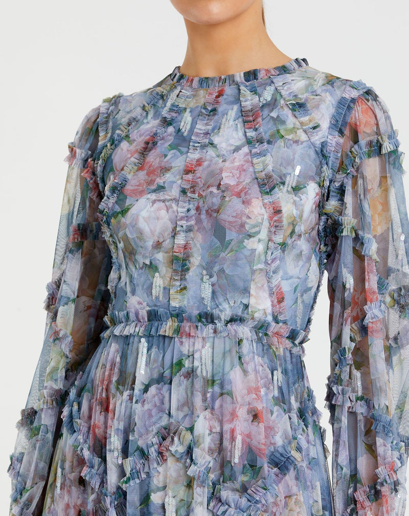 Long Sleeve High Neck Floral Modest Dress - Platinum