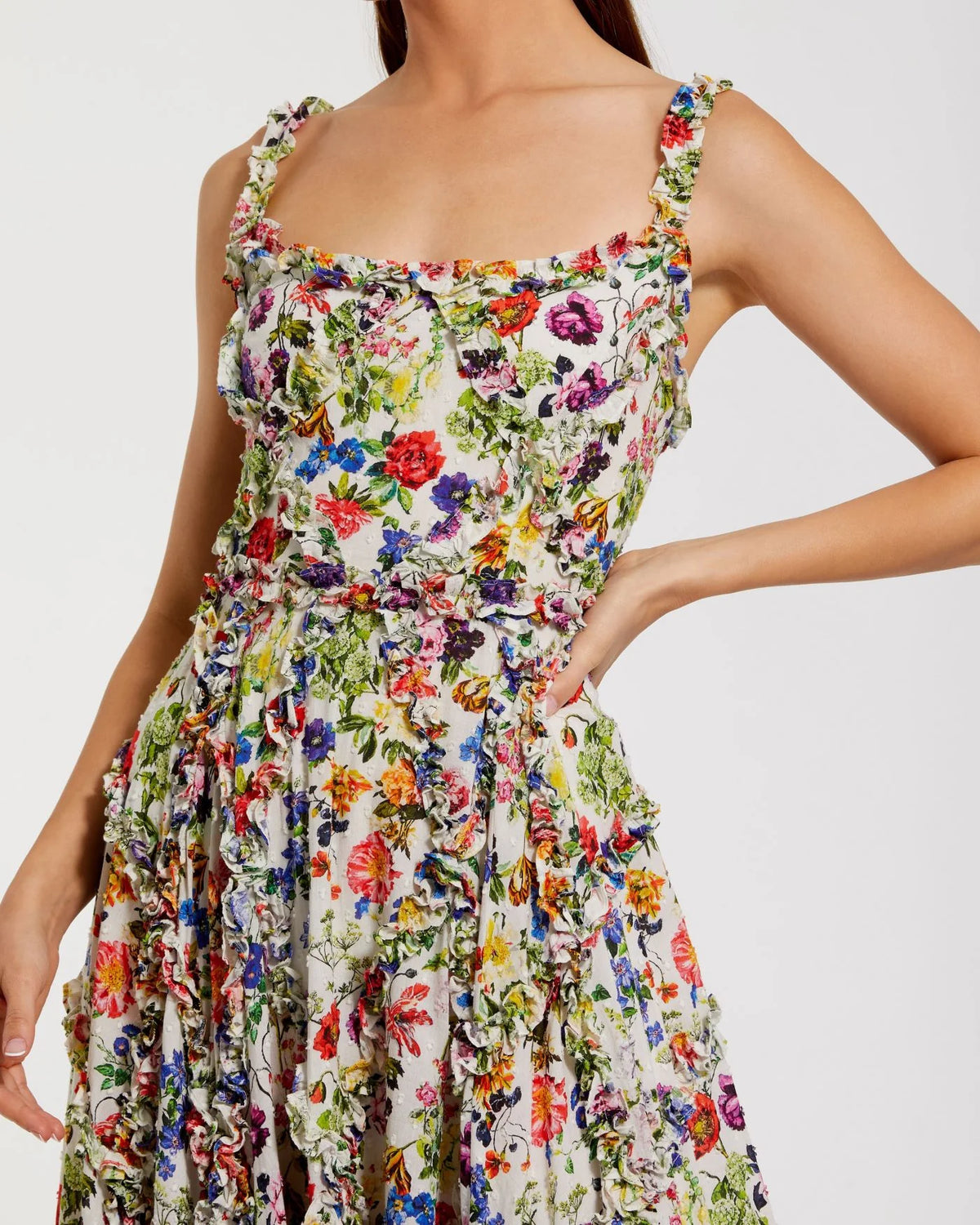 Multicolor Ruffle Floral Scoop Neck Dress - White Multi