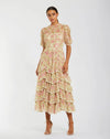 Mac Duggal Beige Lace Trim Printed Mesh High Neck Midi Dress #8295 Ivory Multi