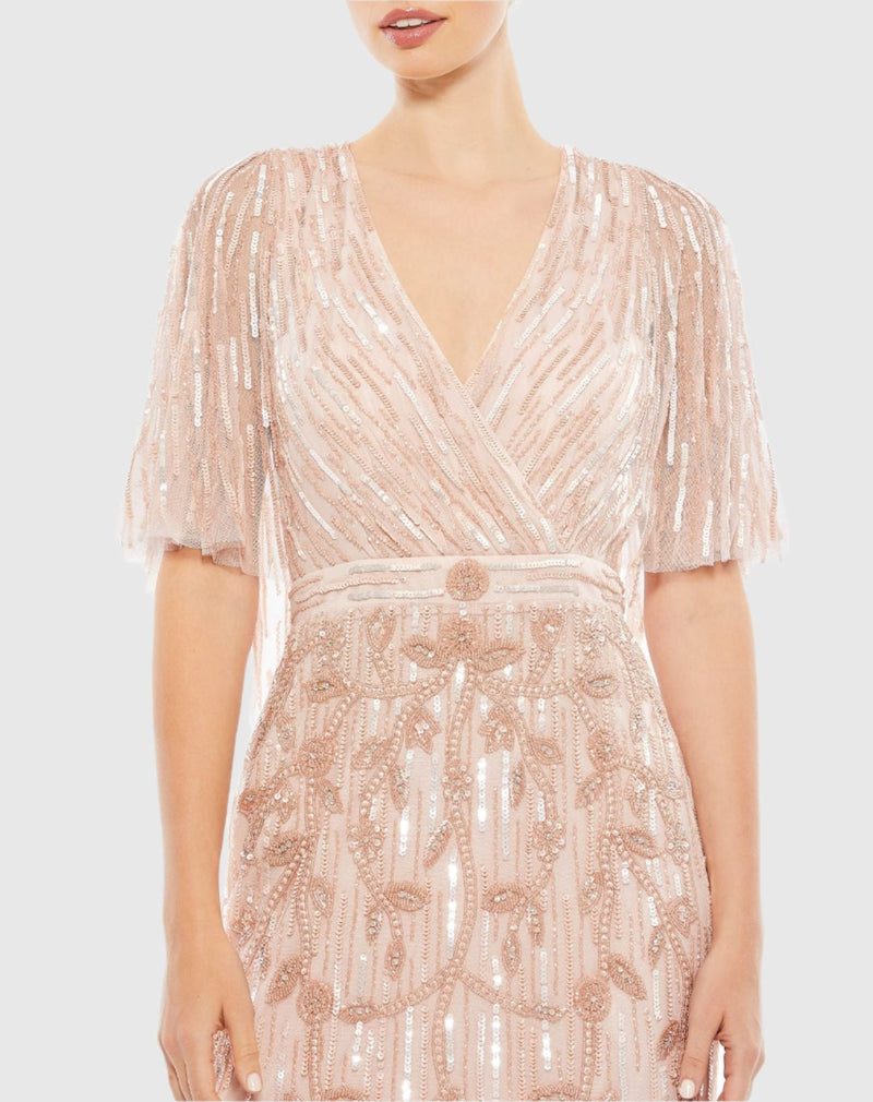 Embellished Cap Sleeve Faux Wrap Gown - Blush