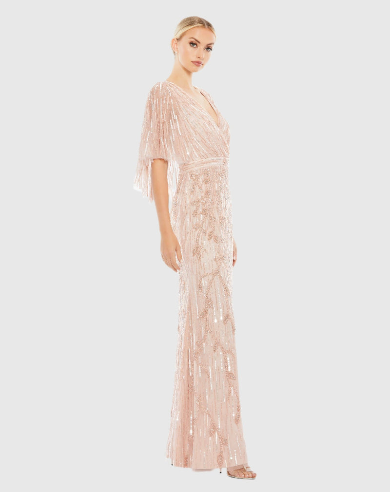 Embellished Cap Sleeve Faux Wrap Gown - Blush