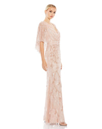 Embellished Cap Sleeve Faux Wrap Gown - Blush