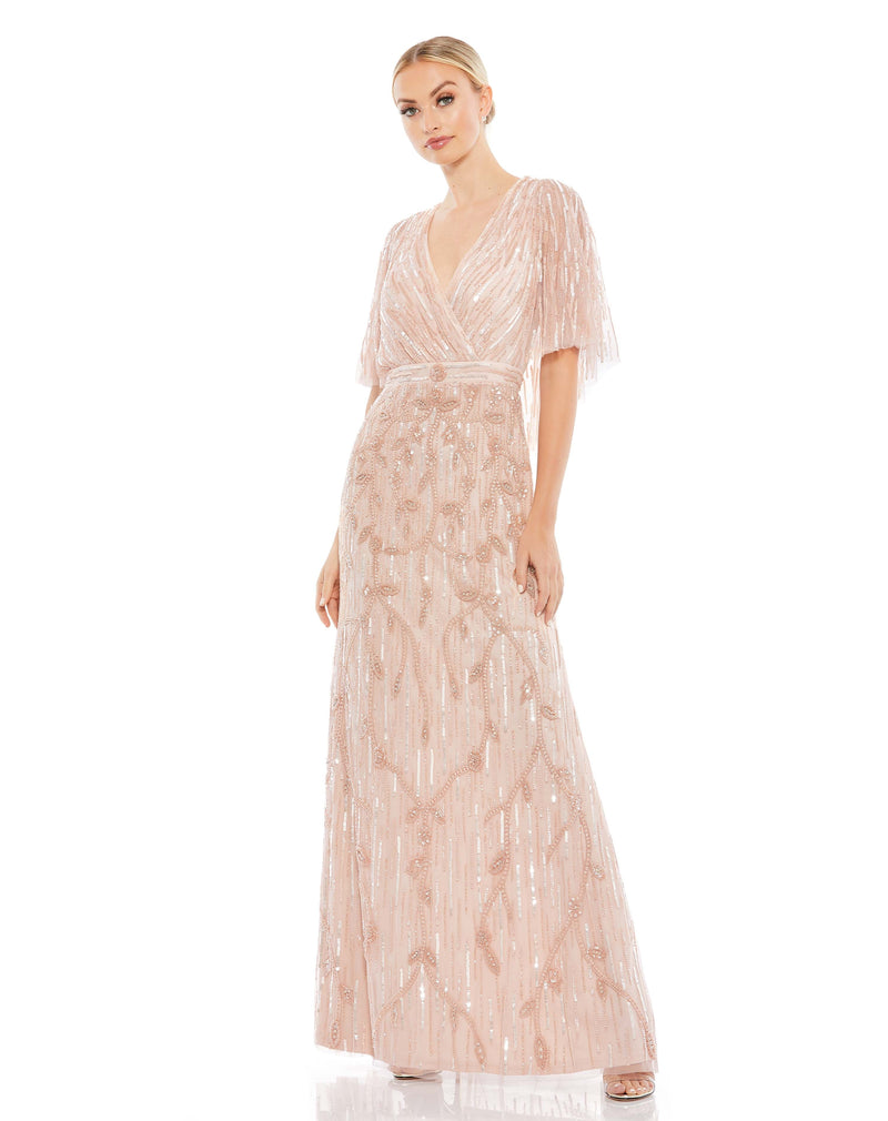 Mac Duggal #9064 Embellished Cap Sleeve Faux Wrap Gown - Blush