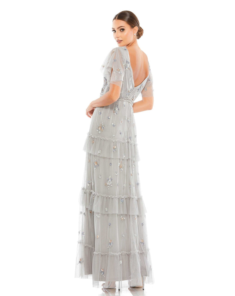 Ruffle Tiered Embellished Flutter Sleeve Gown - Platinum