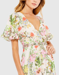 Floral Print Faux Wrap Flutter Sleeve A Line Gown - Floral Multi