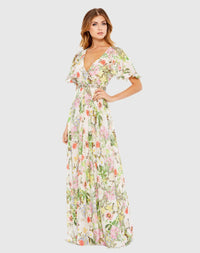 ac Duggal Floral Print Faux Wrap Flutter Sleeve A Line Gown #9079 Floral 