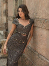 Cap Sleeve Embellished Gown - Charcoal