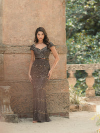 Cap Sleeve Embellished Gown - Charcoal