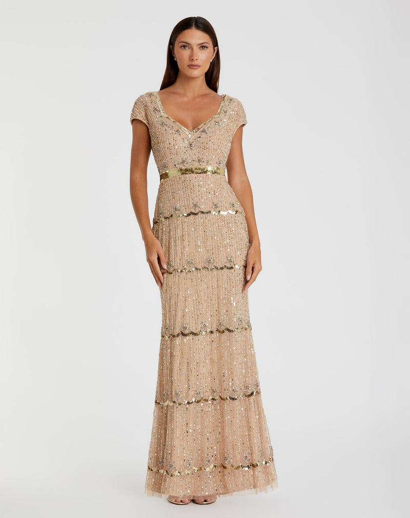 Cap Sleeve Embellished Gown - Nude