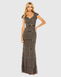 Mac Duggal, #9089 Cap Sleeve Sweetheart Neckline Beaded Column Gown - Charcoal