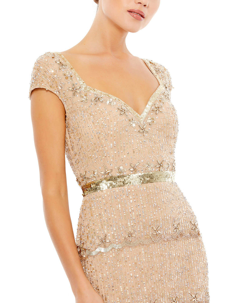 Cap Sleeve Embellished Gown - Nude