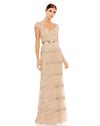 Mac Duggal, #9089 Cap Sleeve Sweetheart Neckline Beaded Column Gown - Nude