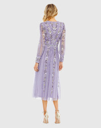 Purple Long Sleeve Embroidered Wrap Midi Dress - Lilac Purple