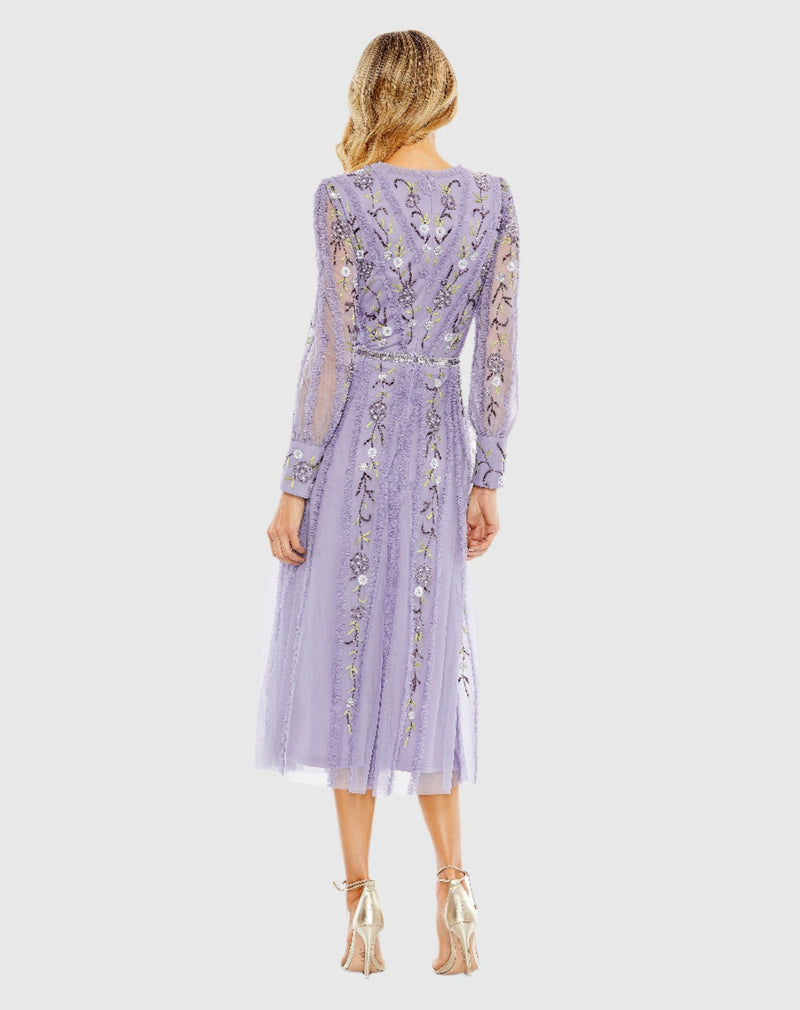 Purple Long Sleeve Embroidered Wrap Midi Dress - Lilac Purple