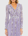 Purple Long Sleeve Embroidered Wrap Midi Dress - Lilac Purple