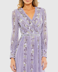 Purple Long Sleeve Embroidered Wrap Midi Dress - Lilac Purple