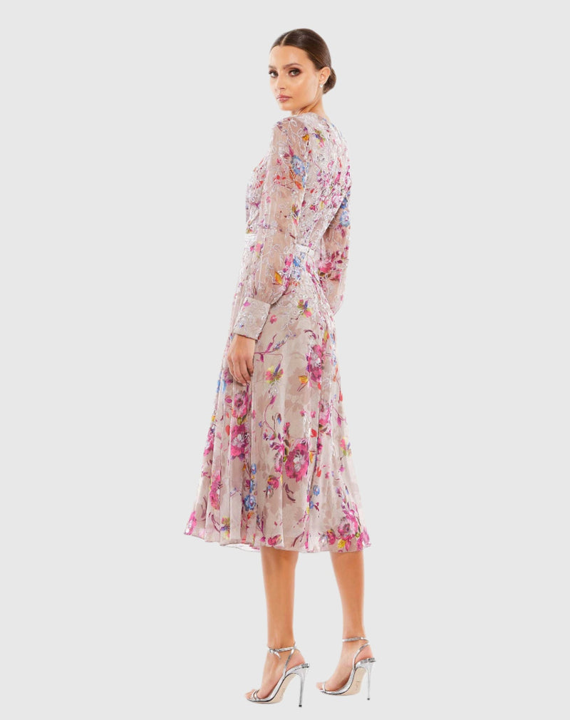 Hand Embellished Floral Long Sleeve Midi Dress - Mauve Multi