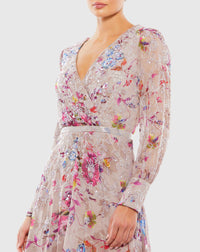 Hand Embellished Floral Long Sleeve Midi Dress - Mauve Multi