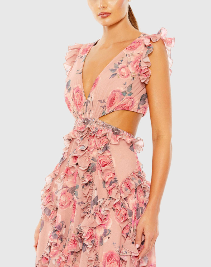 Ruffle cut out cap sleeve v neck gown - Pink