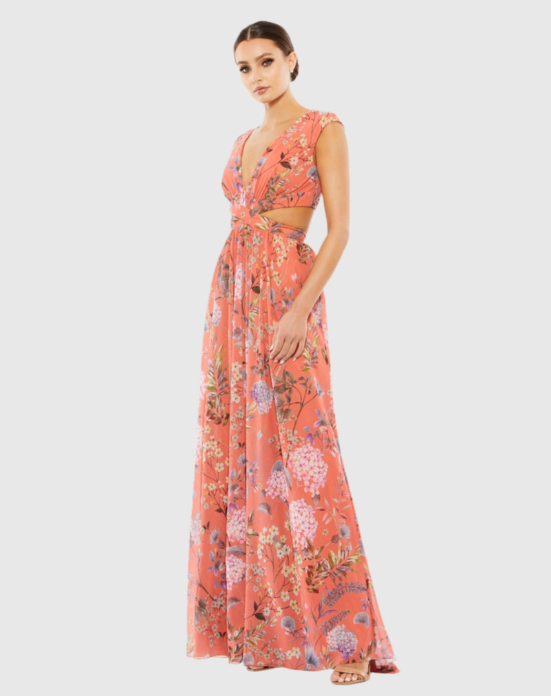 Mac Duggal, Cut Out Floral Print Dress - Coral  #9154|