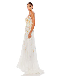 mac duggal, Beaded 3D Flower Cami Ruffled Lace Up Gown - White Multi, Style #9163 side view