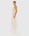 Beaded 3D Flower Cami Ruffled Lace Up Gown - White Multi