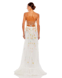 mac duggal, Beaded 3D Flower Cami Ruffled Lace Up Gown - White Multi, Style #9163 back view