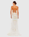 Beaded 3D Flower Cami Ruffled Lace Up Gown - White Multi