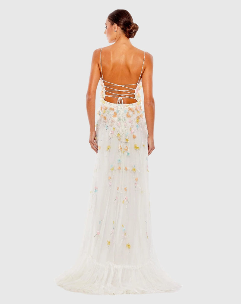 Beaded 3D Flower Cami Ruffled Lace Up Gown - White Multi