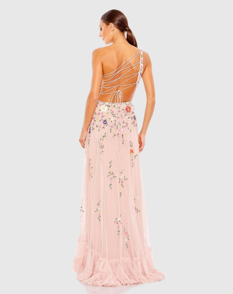 Embellished One Shoulder Asymmetrical Hem - Blush Multi