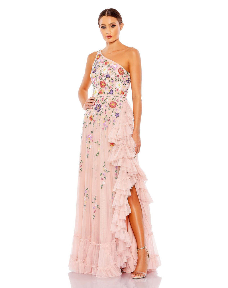 Embellished One Shoulder Asymmetrical Hem - Blush Multi