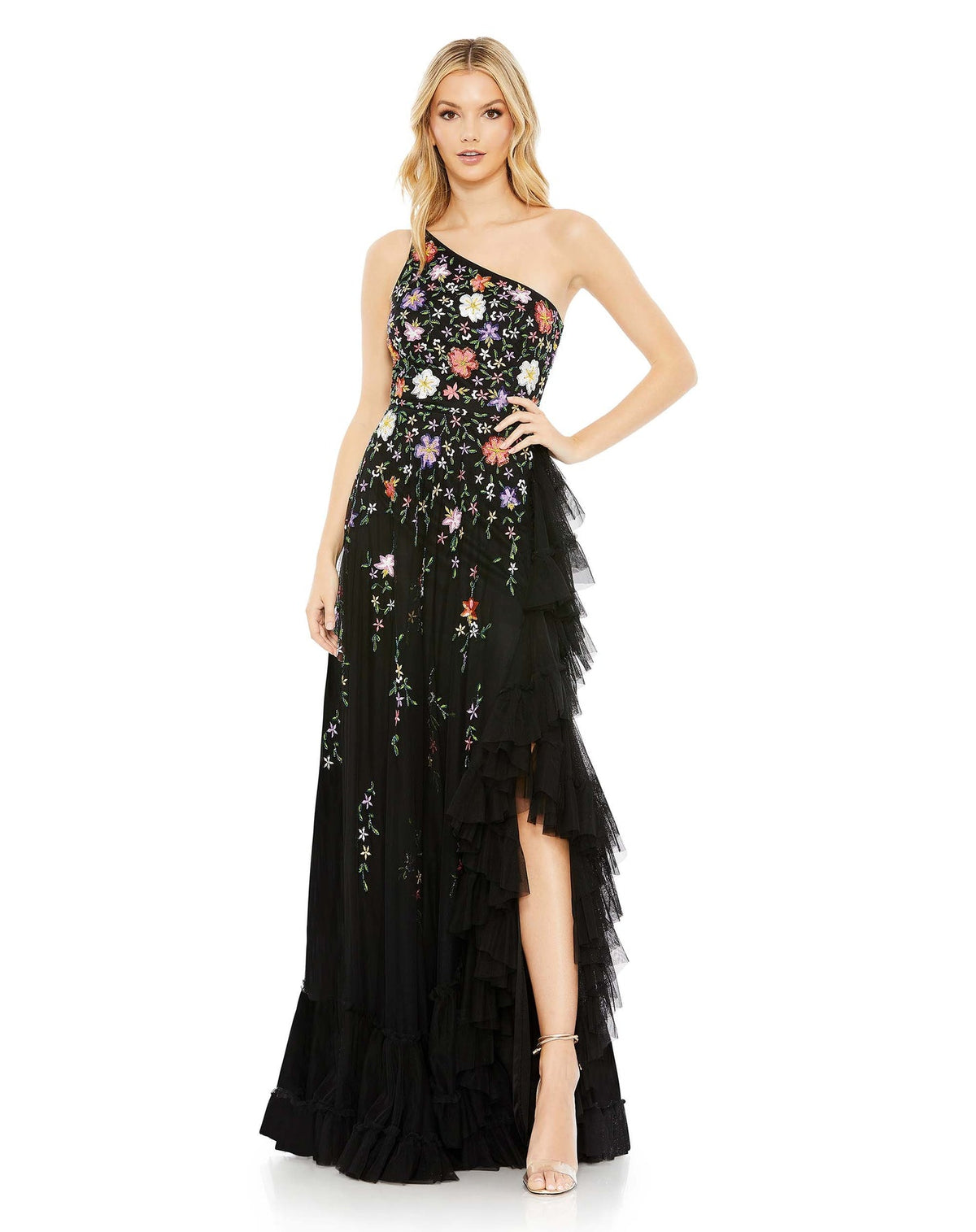 Mac Duggal #9164 Embellished One Shoulder Asymmetrical Hem - Black