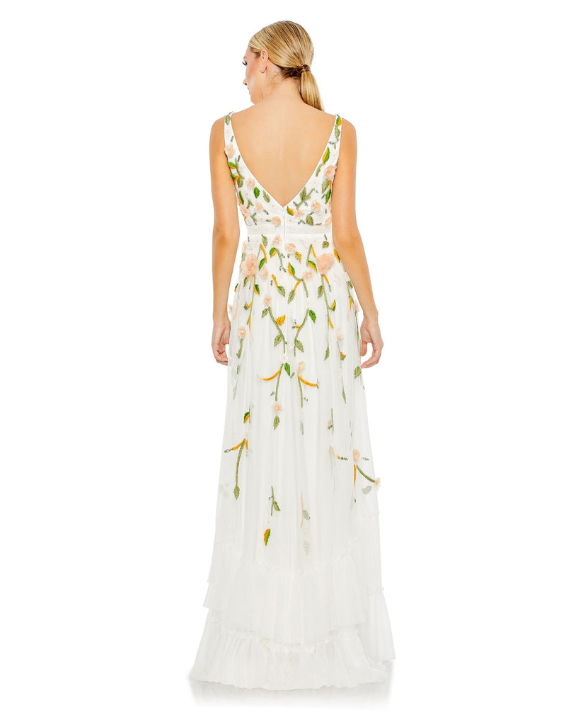 Embellished Sleeveless V Neck A Line Gown - White