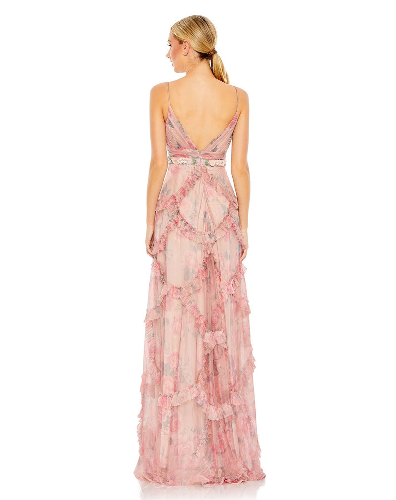 Ruffled Sleeveless V Neck Gown - Rose Pink