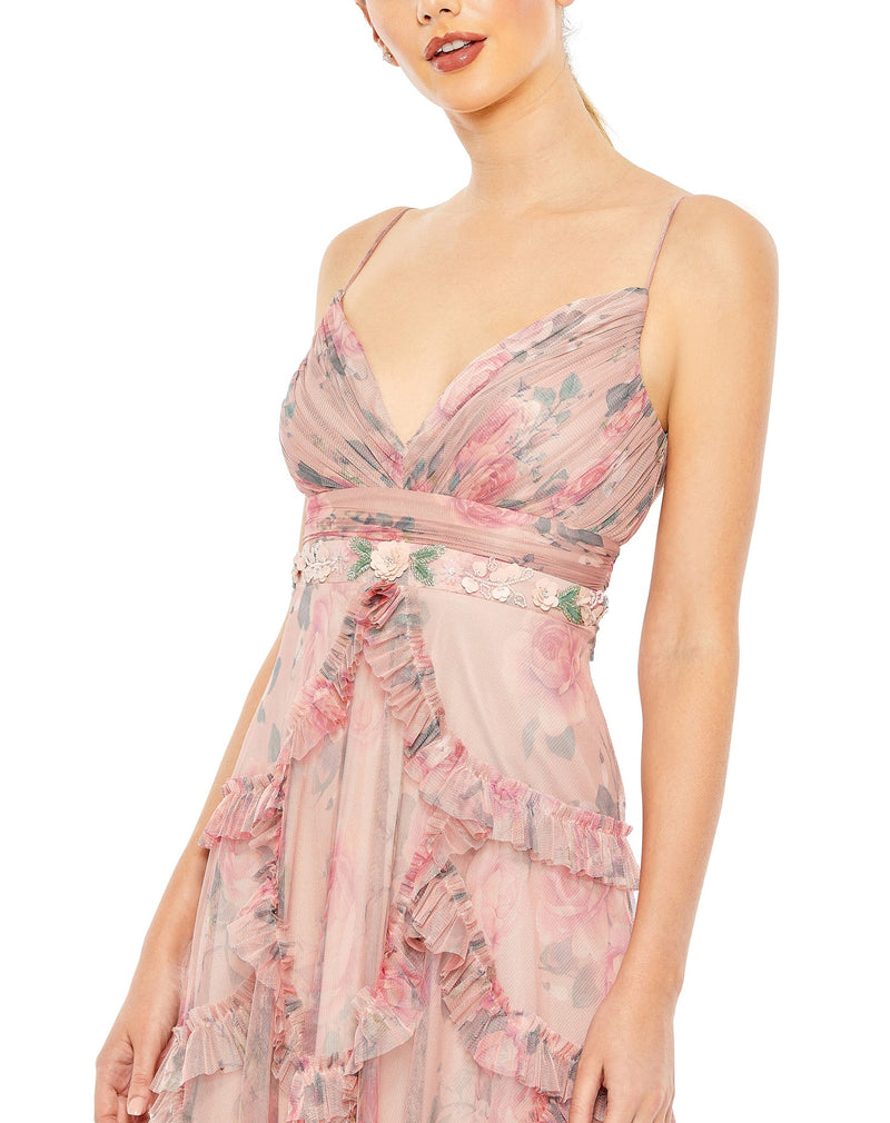 Ruffled Sleeveless V Neck Gown - Rose Pink