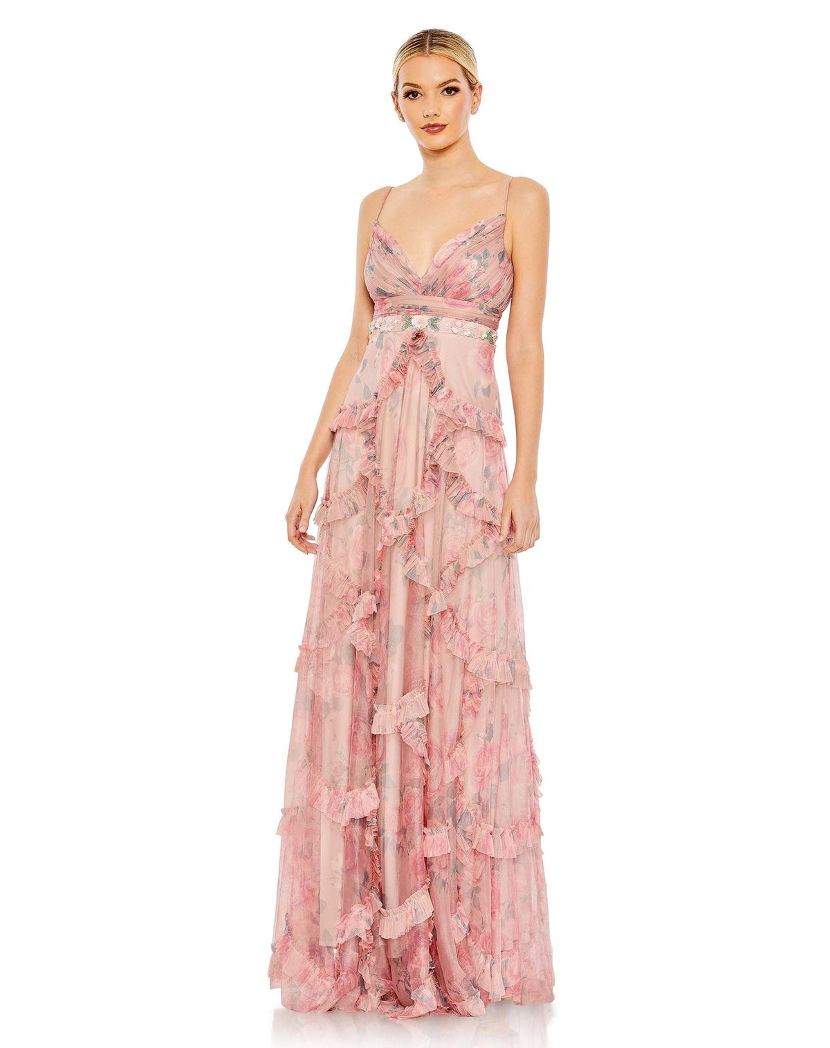 Mac Duggal #9173 Ruffled Sleeveless V Neck Gown - Rose Pink 