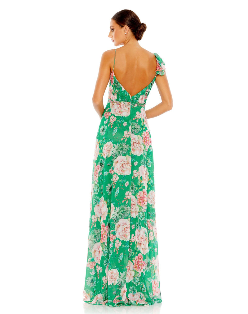 mac duggal, FLORAL PRINT RUFFLED WRAP OVER A LINE GOWN
